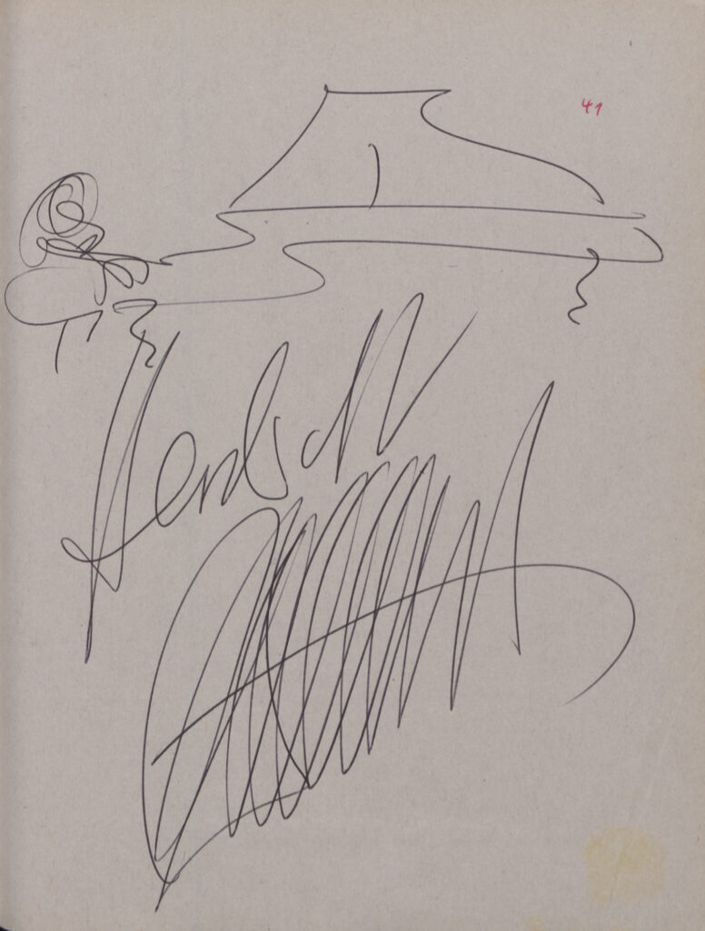 Rudolf Buchbinder, Autogramm mit Selbstporträt am Flügel (1992). Foto: Archiv DSO