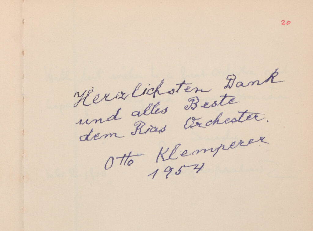 Eintrag Otto Klemperers in die Autogrammbände Heinrich Köhlers im Februar 1954. Foto: Archiv DSO